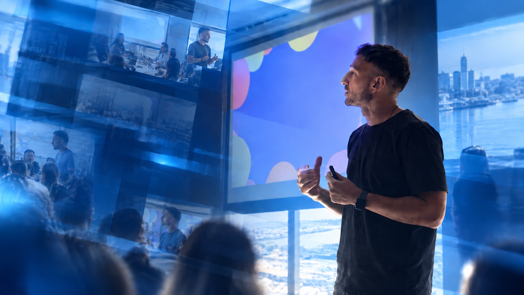 Matias Venutolo presentando frente a una pantalla azul, con capturas de una reunión de equipo reflejadas alrededor y el skyline de una ciudad de fondo